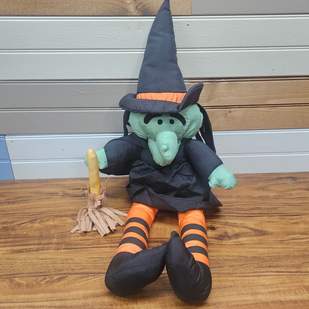 International Silver Co Halloween Witch Plush Doll Green Face Striped Legs 24in